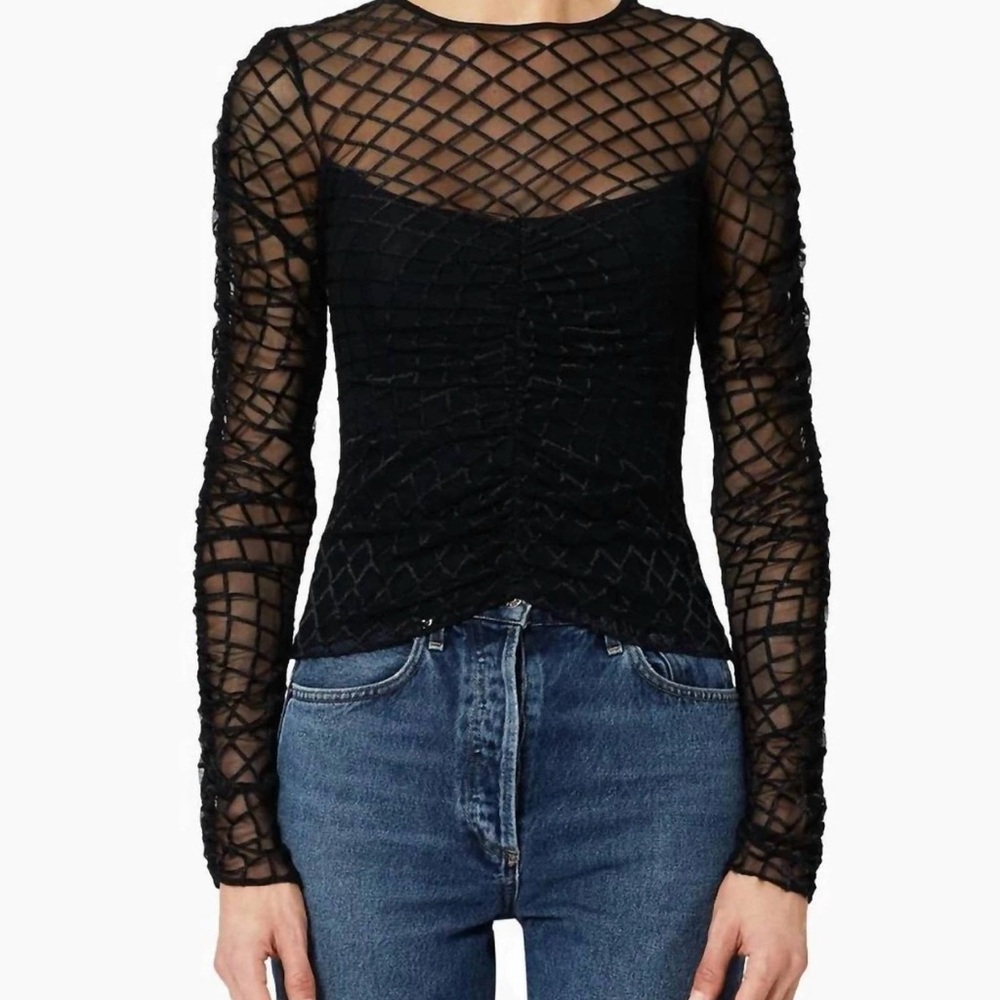 Amanda Uprichard Safira Black Mesh Long Sleeve Blouse